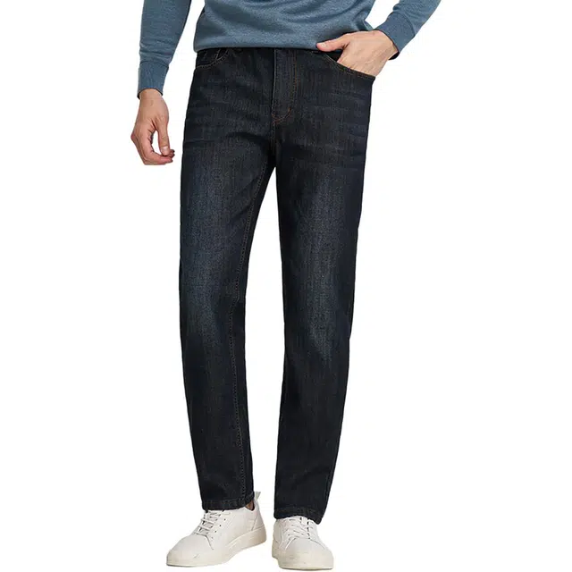 才子 高弹保暖刺绣猫须磨白加绒加厚牛仔裤 男款