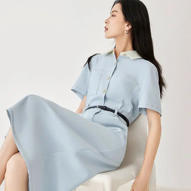 对白 纯色高腰衬衫短袖连衣裙 冰水蓝
