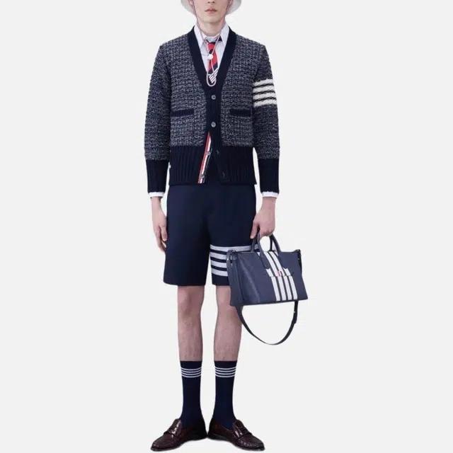 THOM BROWNE Mohair Tweed 4-Bar Classic V-Neck Cardigan V