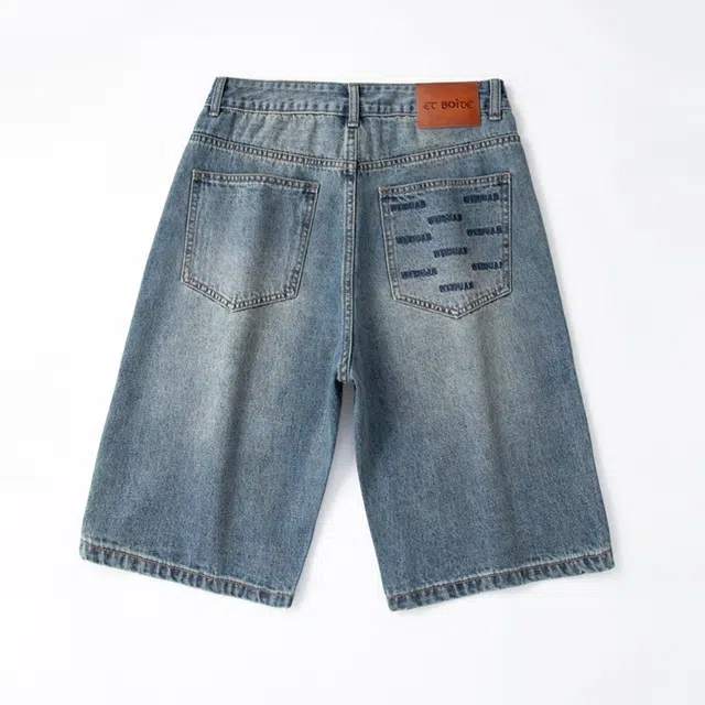 法文箱子 美式复古痞帅破洞宽松街头大码中裤夏季款五分裤子牛仔短裤 男款