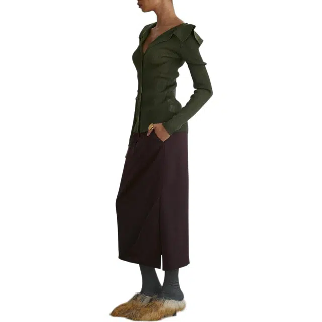 RECTO FW24 BOTH SIDES OPENING FITTED SHEER KNIT TOP KHAKI
