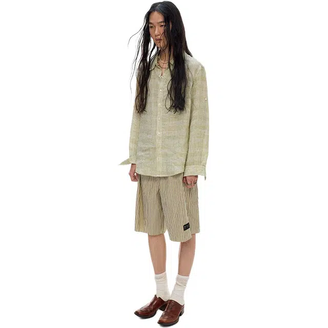 物理少年 亚麻格纹袖复古舒适时尚百搭长袖衬衫 男女同款