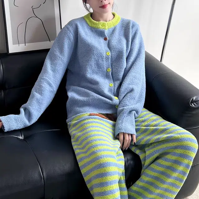 夏芬妍 舒适柔软时尚条纹珊瑚绒家居服加绒加厚蓄温保暖长袖长裤可外穿秋冬款 睡衣套装 女款 蓝绿色
