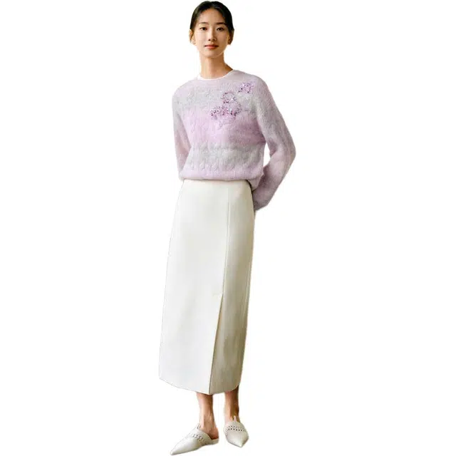 玖姿安娜蔻 休闲百搭圆领透气时尚长袖针织衫 女款 条粉紫