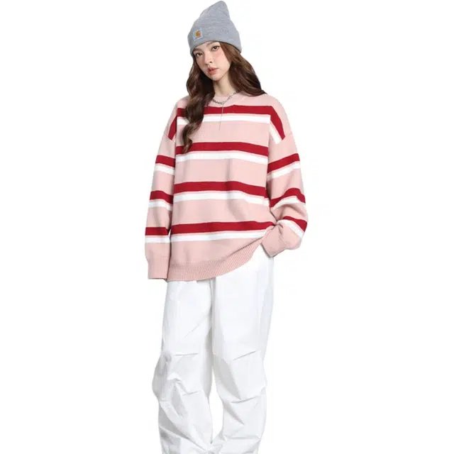 欧迪芬 秋冬季潮牌条纹打底衫内搭毛线衣服复古撞色宽松百搭柔软舒适保暖毛衣 女款