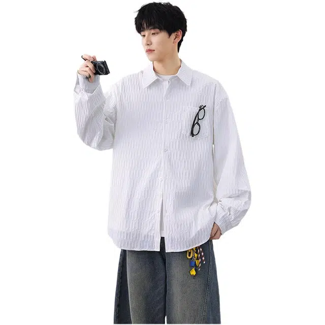颂希尔 港风潮牌春秋时尚慵懒长袖衬衣日系复古休闲条纹肌理感宽松百搭情侣上衣衬衫 男女同款