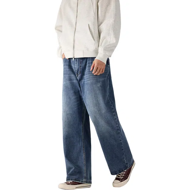 帝狼牛 美式复古潮牌手工磨破设计宽松直筒阔腿休闲垂感弯刀 牛仔裤 男女同款