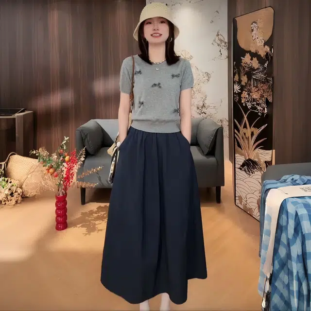 古莲菲 夏季修身显瘦针织上衣百搭半身裙温柔知性衣服洋气休闲两件套裙装套装 女款