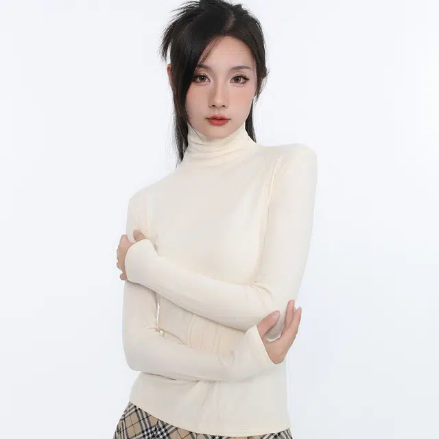 御茶家 纯色基础款堆堆领高弹立修身可外穿打底针织衫 女款 美拉德