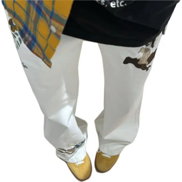 煦加 花朵刺绣纯色百搭牛仔裤 男款 白色