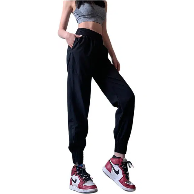 岚纹 纯色高腰束脚休闲运动长裤 女款