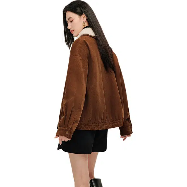 茵曼 复古灯芯绒宽松休闲百搭保暖厚款棉服 女款 咖啡色