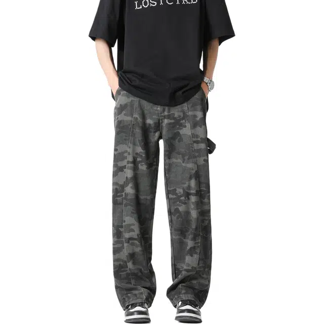 颂希尔 美式高街复古潮流迷彩秋季重磅潮牌宽松直筒做旧水洗伐木裤百搭休闲工装裤子牛仔裤 男女同款