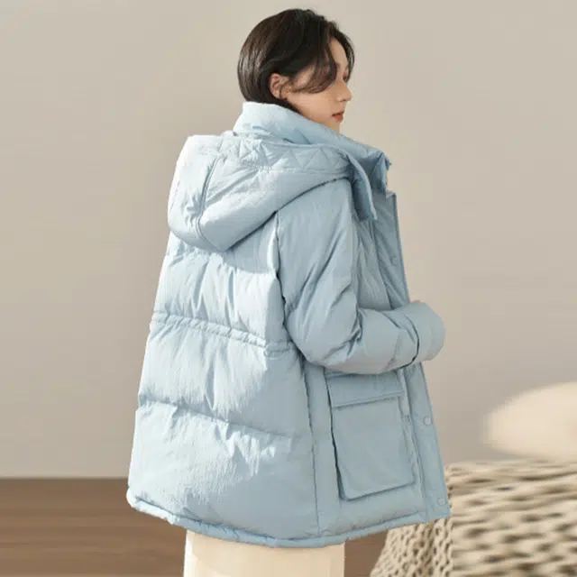 茵曼 纯色拉链连帽羽绒服 女款 灰蓝色