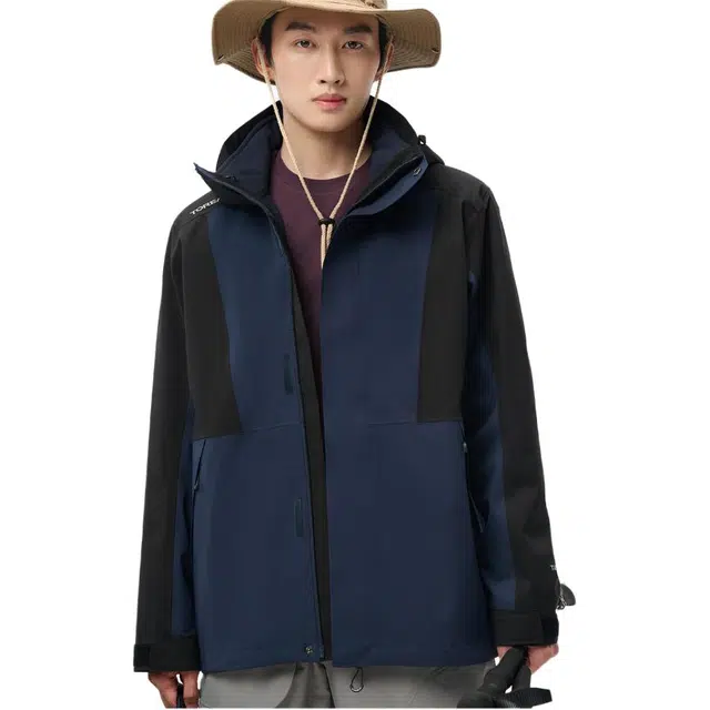 探路者  休闲舒适三合一  防水防风防静电保暖冲锋衣 男款 蓝岩黑\黑色
