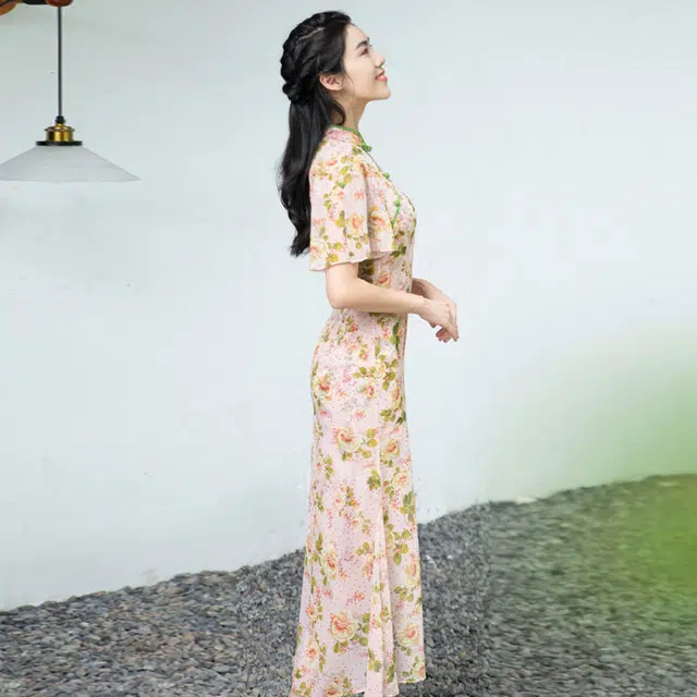四美子 植物花卉立领中长款喇叭短袖旗袍裙装套装 女款 玫双影