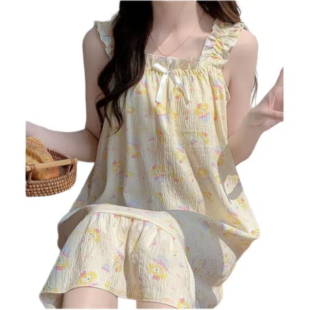 浮光岛屿 简约柔软冰丝凉感时尚可爱高级感带胸垫吊带家居服舒适亲肤透气可外穿宽松休闲夏季睡裙 女款