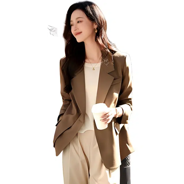 沫晗依美 纯色通勤长袖西装 女款 卡其色