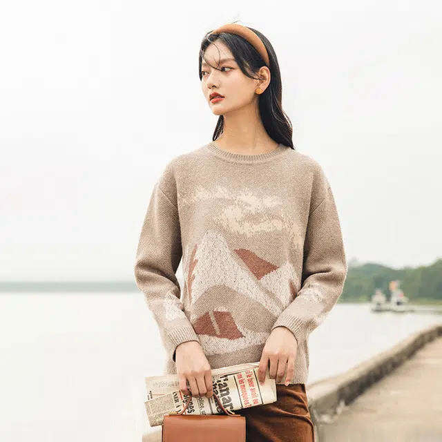 茵曼 图案提花圆领套头毛衣 女款