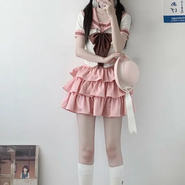 御茶家 小巧莓原创学院风水手服初恋感海军领短款收腰显瘦截短上衣蓬蓬蛋糕裙半身裙裙装套装 女款