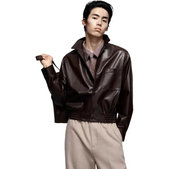PEACEBIRD MEN Sharp Leather Jacket Brown