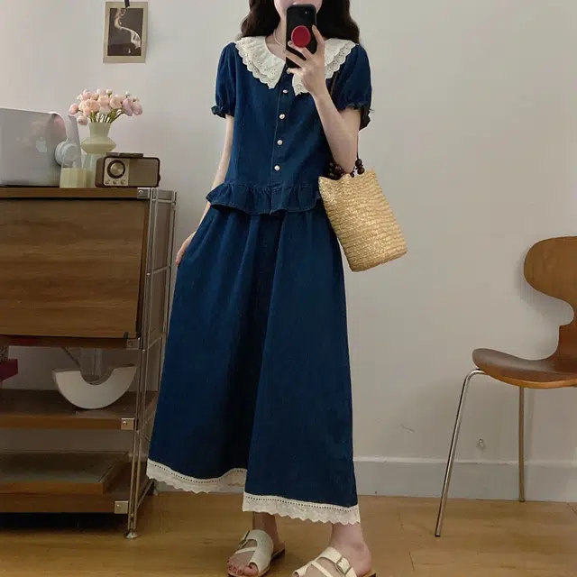 古莲菲 高级感洋气韩版时尚气质显瘦百搭蕾丝拼接牛仔上衣半身裙两件套裙装套装 女款