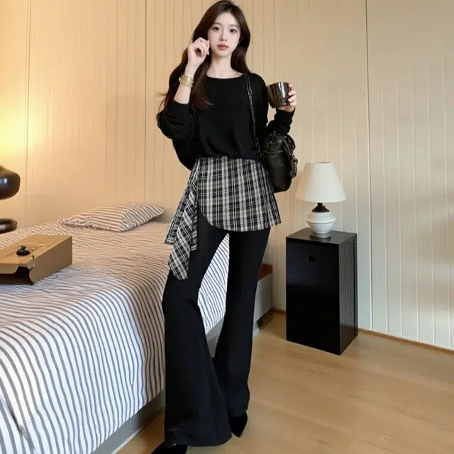 古莲菲 设计感春秋斜肩长袖上衣卫衣微喇长裤港味时尚两件套休闲套装 女款