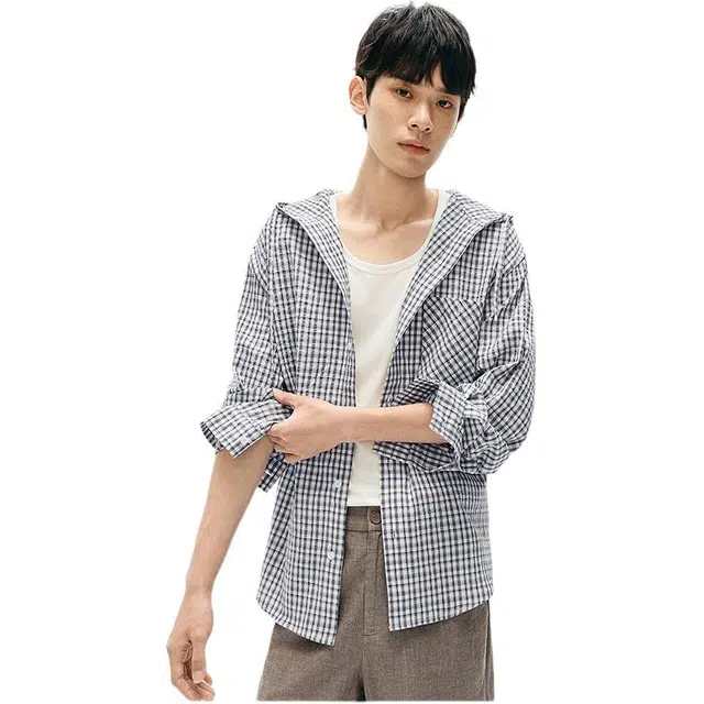 森马 格纹外套轻薄款连帽长袖衬衫 男款