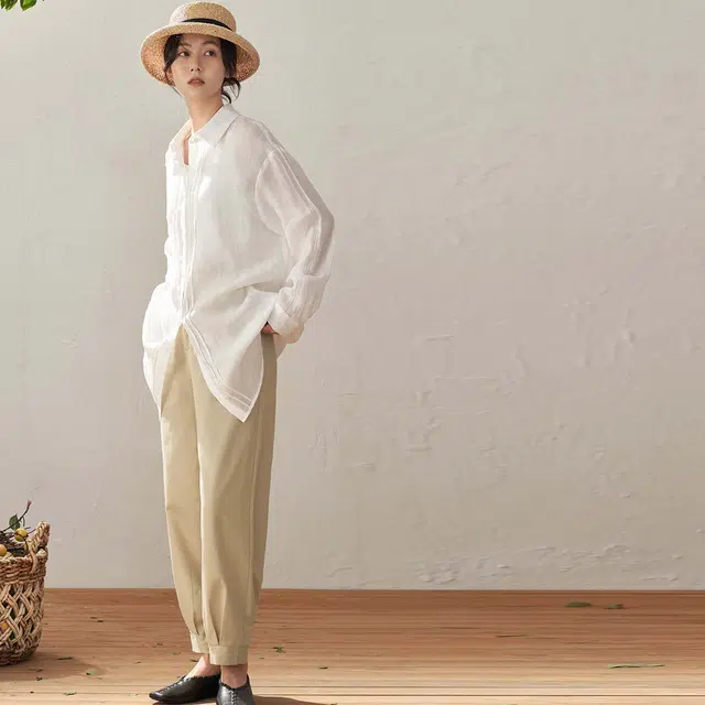 茵曼 纯色直筒宽松长裤 女款 卡其色