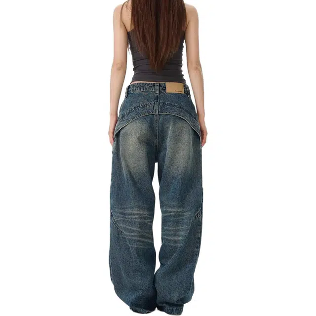 竺妃 美式复古拼接解构阔腿裤小众设计感宽松直筒潮牌长裤牛仔裤 女款