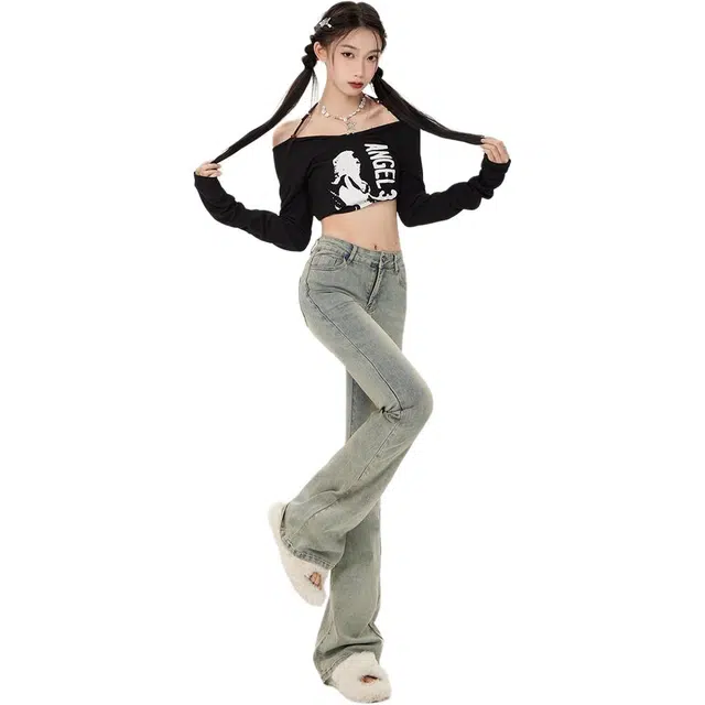 玉儿恋 美式复古高街舒适时尚简约水洗做旧修身休闲百搭透气日常潮流个性口袋轻薄微喇牛仔裤 女款 黄泥色