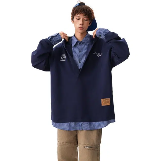 行更远 格纹衬衫拼接假两件连帽季学院风宽松休闲百搭情侣上衣卫衣 男女同款