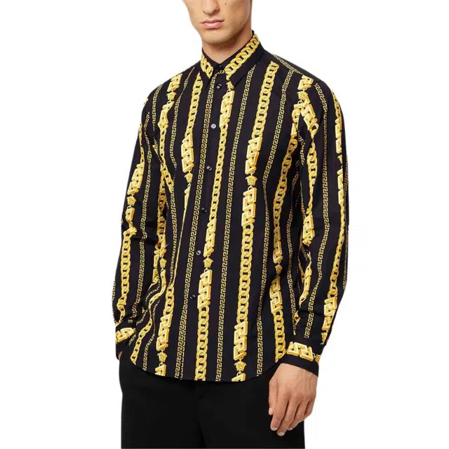 范思哲 条纹满印单排扣长袖衬衫 男款 黑色