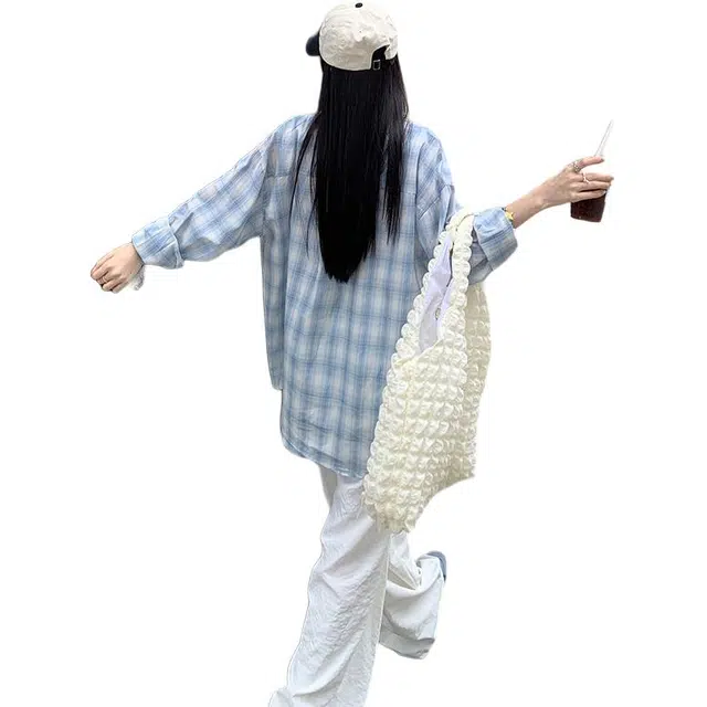 玫丝朵 美式慵懒风开衫格子薄款时尚百搭宽松长袖衬衫 女款