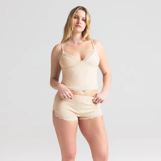 SKIMS SS25 COTTON JERSEY LACE CAMI AND SHORT SET BUTTER
