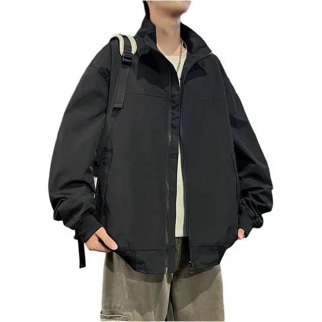 法文箱子 美式复古纯色立领宽松外套极简百搭设计感工装夹克 男款