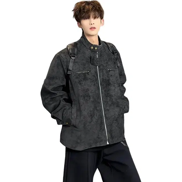 华夏儿女 秋冬季美式复古扎染立领防风保暖夹克 男女同款