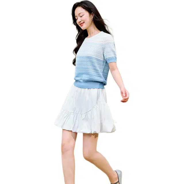 茵曼 淡人穿搭渐变短袖设计感针织衫 女款