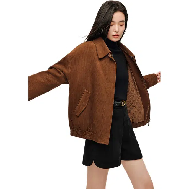 茵曼 复古灯芯绒宽松休闲百搭保暖厚款棉服 女款 咖啡色