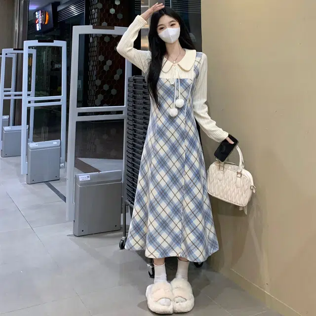 古莲菲 秋冬高级感气洋可爱法式假两件显瘦减龄气质格纹针织拼接娃娃领裙子长袖连衣裙 女款