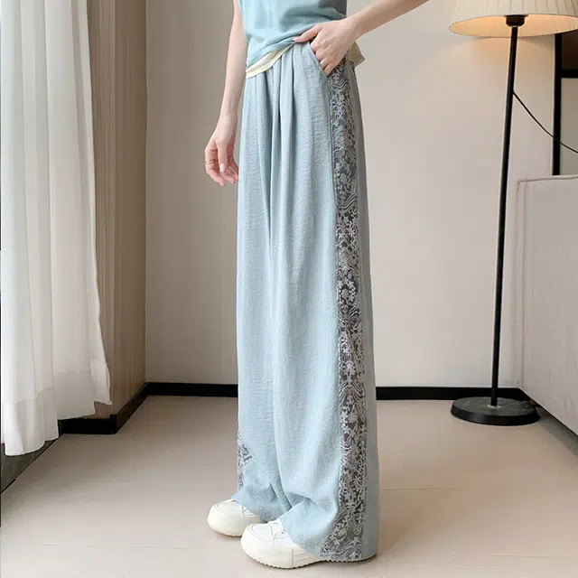 水中花 蕾丝拼接镂空阔腿裤高腰设计感气质长裤休闲裤 女款