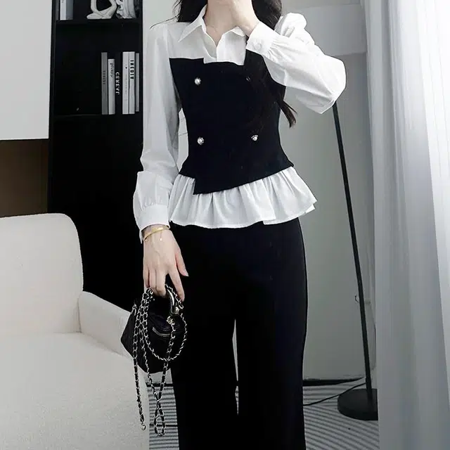 梨九九 早秋穿搭喇叭裤两件套女时尚高级感衬衫休闲套装 女款