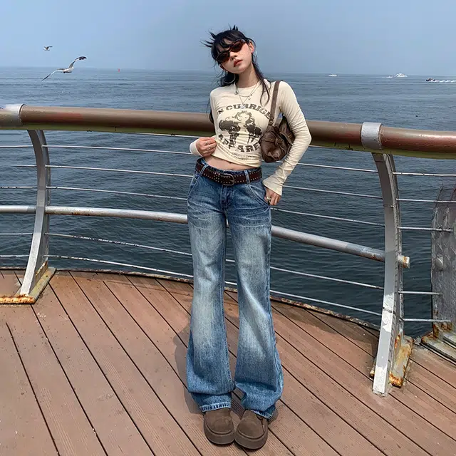 花蔓色 美式水洗磨白辣妹百搭低腰简约修身微喇宽松垂感拉链直筒牛仔裤 女款 复古蓝