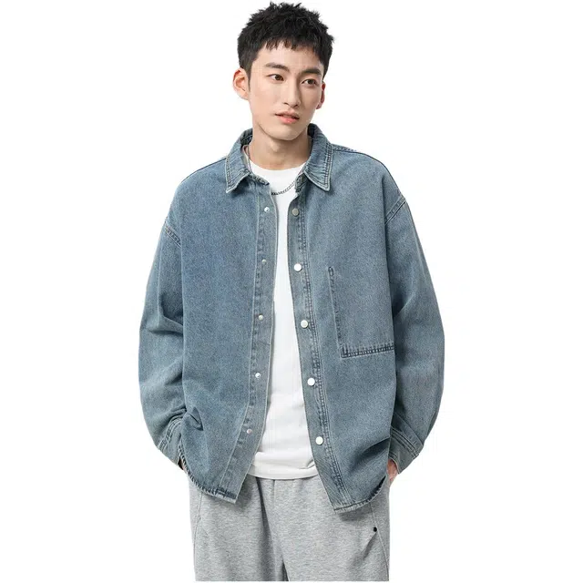 米素力 复古牛仔宽松翻领长袖衬衫 男款 蓝色