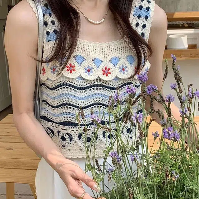 御茶家 法式田园度假风复古镂空钩花民族针织吊带背心 女款 蓝色
