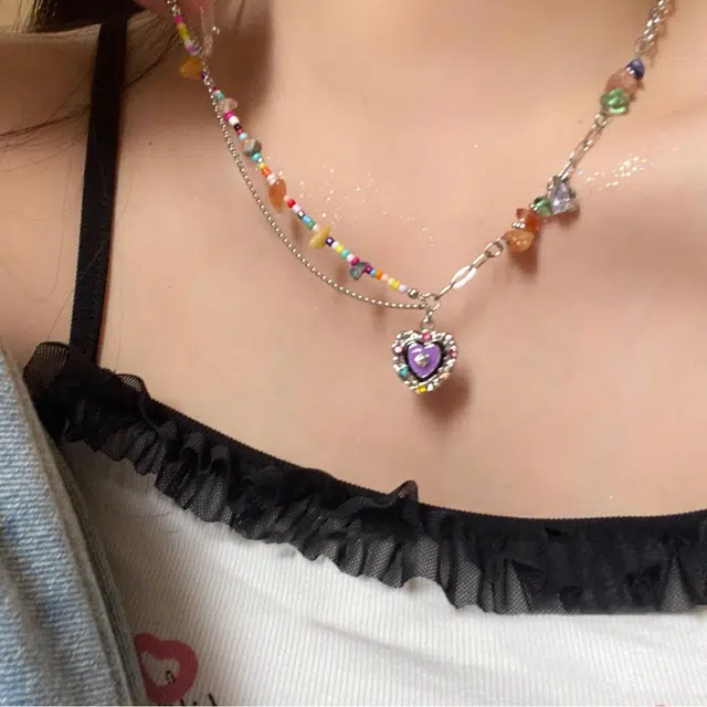 【甜酷辣妹~Y2k千禧风】 攸委 多巴胺爱心彩虹可爱少女心项链 彩色串珠花朵石头拼接锁骨链 合金 小众设计感高级轻奢时尚百搭颈链 女款
