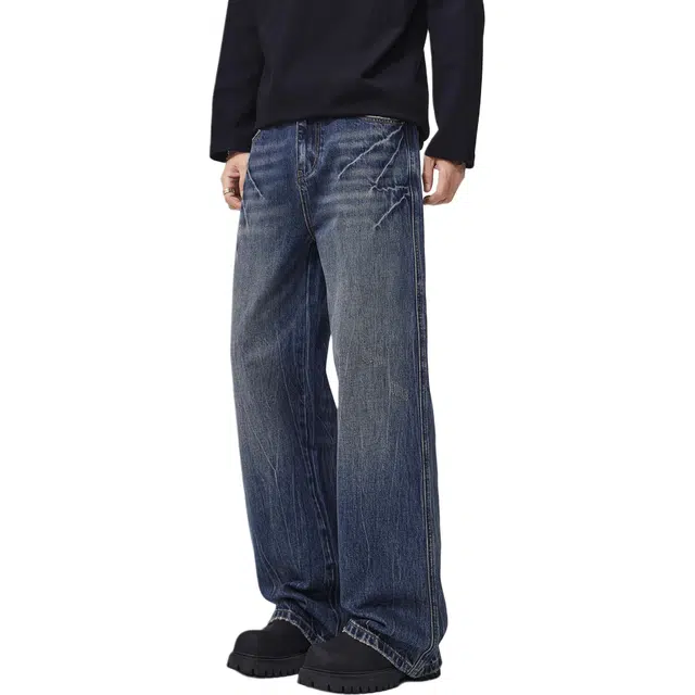 帝狼牛 高街做旧水洗闪电水波纹宽松直筒弹力垂感阔腿显瘦百搭牛仔裤 男女同款