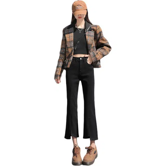 思蓓儿 复古时髦铆钉女脚口开叉微喇裤子辣妹长腿弹力裤牛仔裤 女款