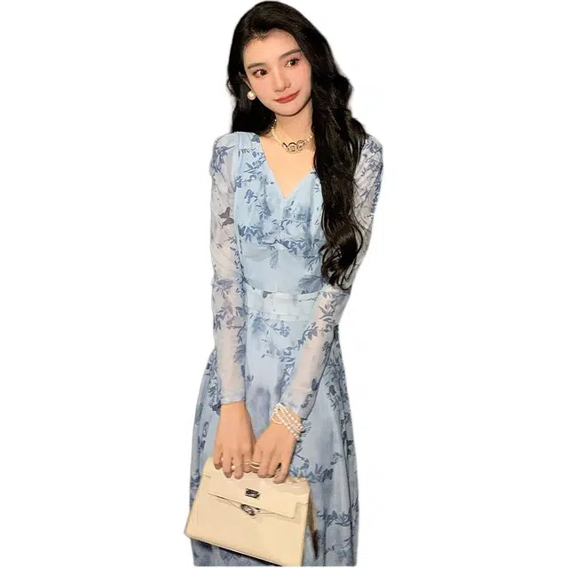 木清清 法式碎花打底弹力收腰复古气质长袖连衣裙 女款 蓝岩花