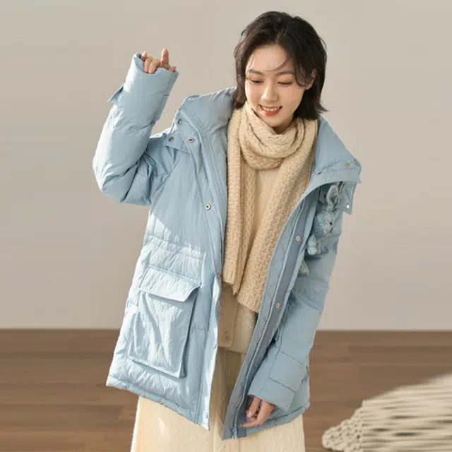 茵曼 纯色拉链连帽羽绒服 女款 灰蓝色